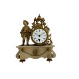 French alabaster and gilt spelter 8-day mantle clock with a drum timepiece movement on a raised rect