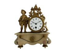 French alabaster and gilt spelter 8-day mantle clock with a drum timepiece movement on a raised rect