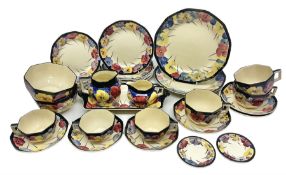 Early 20th century Art Deco Royal Doulton Pansies pattern octagonal teawares