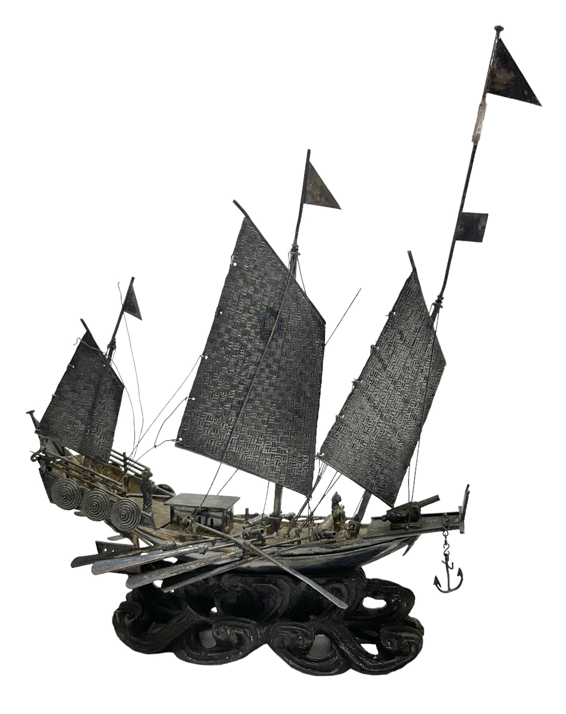 Chinese miniature silver model of a junk ship