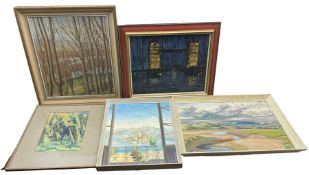 Four mid 20th century oils on board and a pastel (5)