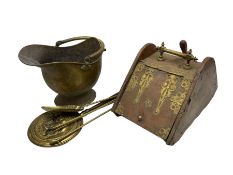 Collection of fireside equipment and accessories to include coal box with ornate brass fixtures