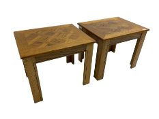 Two parquet style oak occasional tables