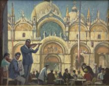 Edward Albert Hickling (British 1913-1998): Musicians Performing before St Mark's Basilica Venice