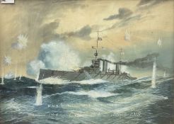English School (Early 20th century): 'HMS Princess Royal in Action - Heligoland 1914 - Cuxaven 1914