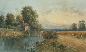 English School (19th/20th century): Angler Fishing in a River near Farmland