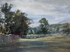 Brian Irving (British 1931-2013): Shepherd Herding Sheep in Rural Landscape