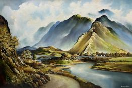 D J Strickland (British 20th century): Mountainous River Landscape