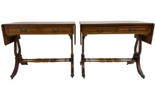 Pair yew wood drop leaf stretcher side or sofa tables