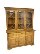 20th century pine glazed bookcase on cupboard