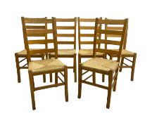 Set six beech ladder back dining chairs with rush seats