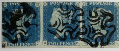 Great Britain Queen Victoria 1840 strip of three two pence blue stamps