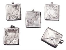 Five early 20th century silver stamp holders modelled in the form of envelopes