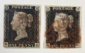 Two Great Britain Queen Victoria penny black stamps