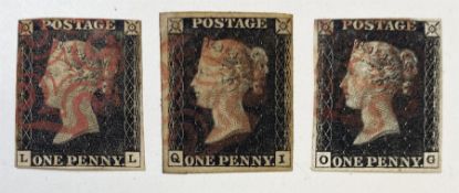 Three Great Britain Queen Victoria penny black stamps