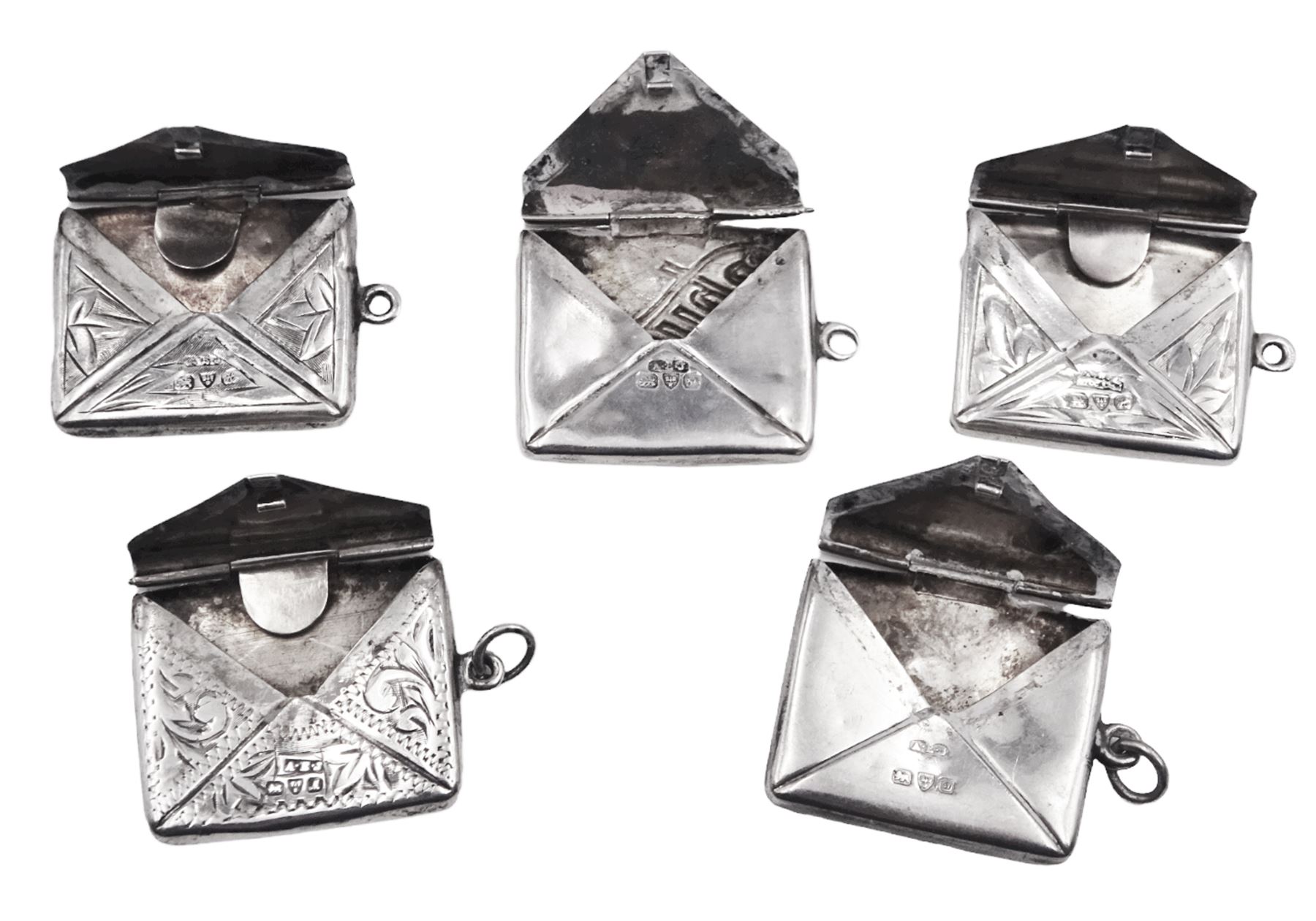 Five early 20th century silver stamp holders modelled in the form of envelopes - Image 3 of 4