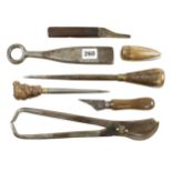 Basket making tools comprising commander/beating maul, rod shears, lignum cleaver, and 4 other tools