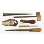 Sailmaker's tools comprising rosewood handled seam rubber with bone sole and 5 associated tools G