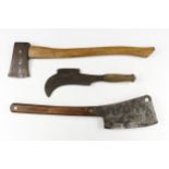 A billhook by WHITEHOUSE, a cleaver by HARRISON and an axe G