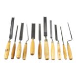 A craftsman's kit of 8 cranked and 3 straight gouges by various makers with boxwood handles G++