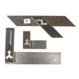An ebony and brass square, a mitre square and another smaller G+