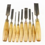 A set of 9 bevel edge chisels 1/8" to 1 1/2" G+