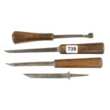 Three early chisels by IOHN GREEN, P.LAW and NEWBOULD and a "V" grooving chisel marked B. (one