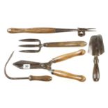A pair of topiary shears, a daisy grubber and 3 vintage garden tools G