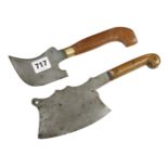 A small butcher's cleaver with 5" edge and a leather worker's knife G+