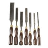 Seven long paring gouges by WARD and IBBOTSON 1/2" to 1 3/8" G+