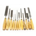 A MARPLES 1 1/2" bevel edge chisels and 11 other chisels with boxwood handles G+