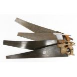 Four DISSTON saws, two with finger hole handles G+