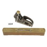 A PRESTON No 1347 bullnose plane with worn iron and wear to mouth and an 8" brass topped level G
