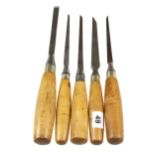 Five mortice chisels 1/8" to 1/2" with boxwood handles G+