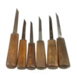Six mortice chisels 3/16" to 1/2" by various makers G+