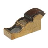 A steel soled brass chariot plane by H.SLATER Clerkenwell 3 3/4" x 1 5/8" with rosewood wedge G+