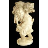 An ivory okimono of a bear catcher struggling with his unruly prize 6"h G++