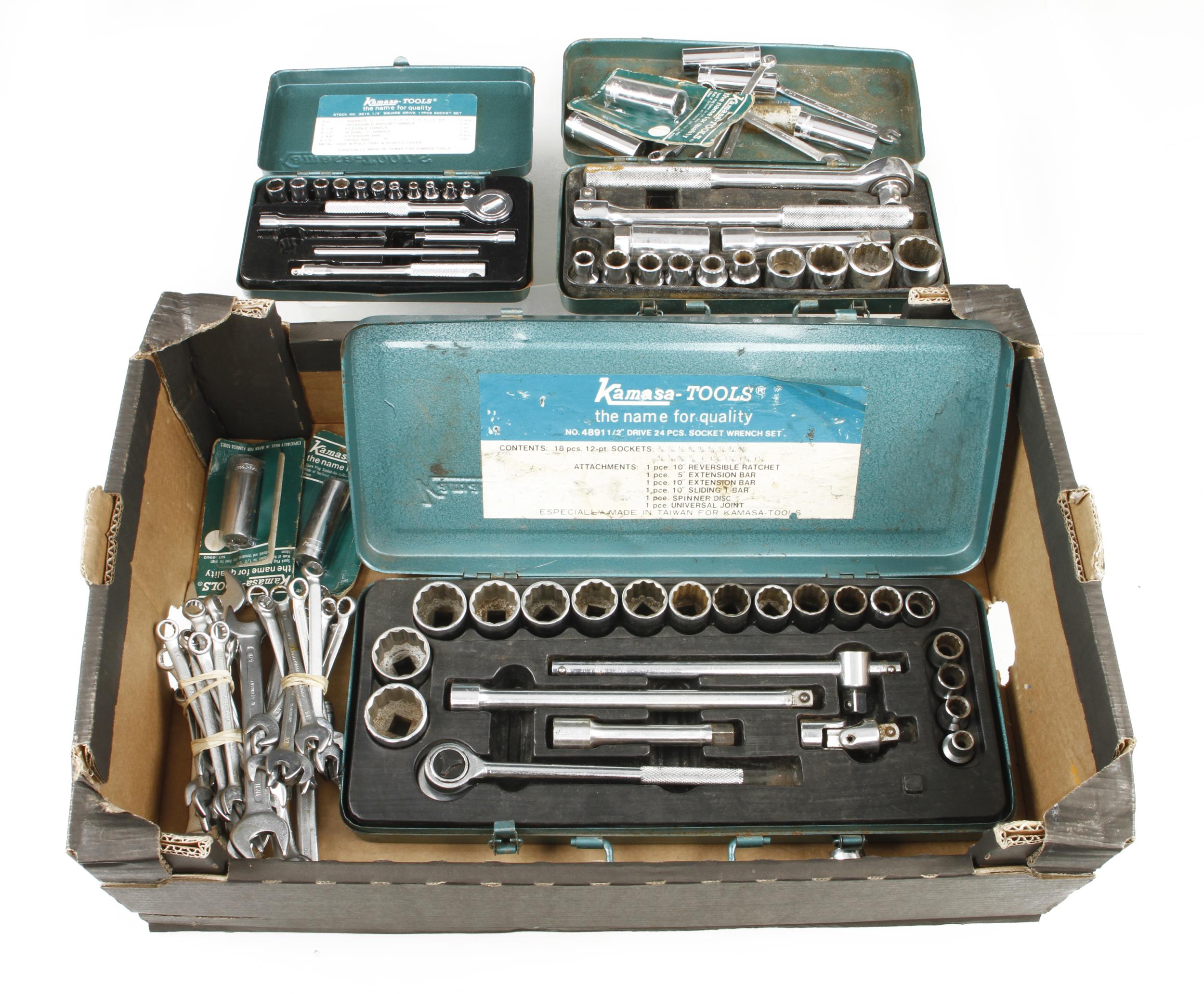 Three part socket sets by KAMASA and various spanners G