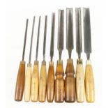 Nine named paring gouges 1/4" to 1 1/8" G++