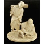 An ivory okimono of two street merchants offering their wares 6"h age crack to base o/w G+