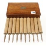 A drawing set in rosewood box and 10 bookbinders number stamps G+