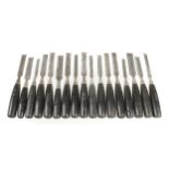 17 bevel edge socket chisels with black composit handles, some light staining G