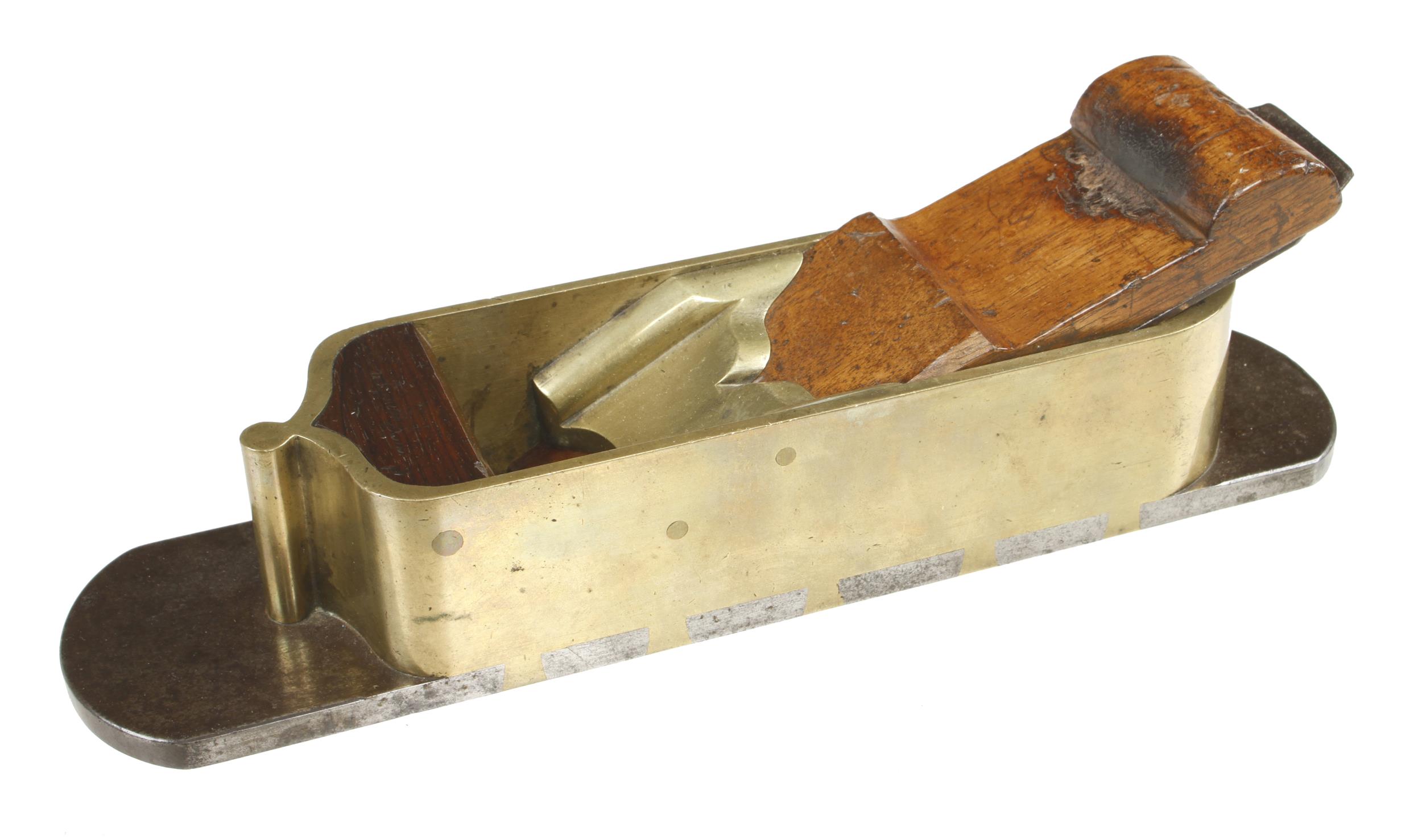 A rare, fine quality brass mitre plane 12" x 2 3/4" d/t steel sole and rosewood infill and wedge, - Image 7 of 7