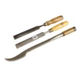 A 1/2" mortice lock chisel by SORBY and two 1 1/4" bevel edge chisels by MARPLES G+