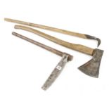 Three French forest tools; a felling axe by GOLDENBERG a log dog and a 9" froe G+