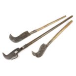 Three long handled French billhooks one with additional side hook G+