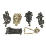 Four iron and two brass door knockers G