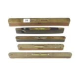 Four brass topped levels by PRESTON and another by HOWARTH 8" to 12" G+