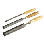 Three bevel edge chisels 1/2" to 1" with boxwood handles G++