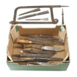 Various mortice chisels, turnscrews and a hacksaw for re-handling G